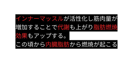 インナーマッスルが活性化し筋肉量が増加することで代謝も上がり脂肪燃焼効果もアップする この頃から内臓脂肪から燃焼が起こる