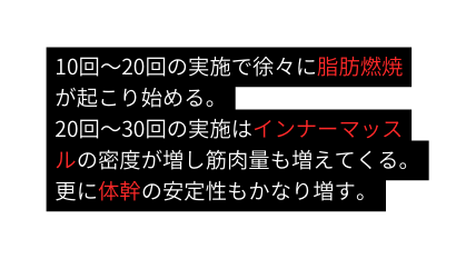 10回 20回の実施で徐々に脂肪燃焼が起こり始める 20回 30回の実施はインナーマッスルの密度が増し筋肉量も増えてくる 更に体幹の安定性もかなり増す